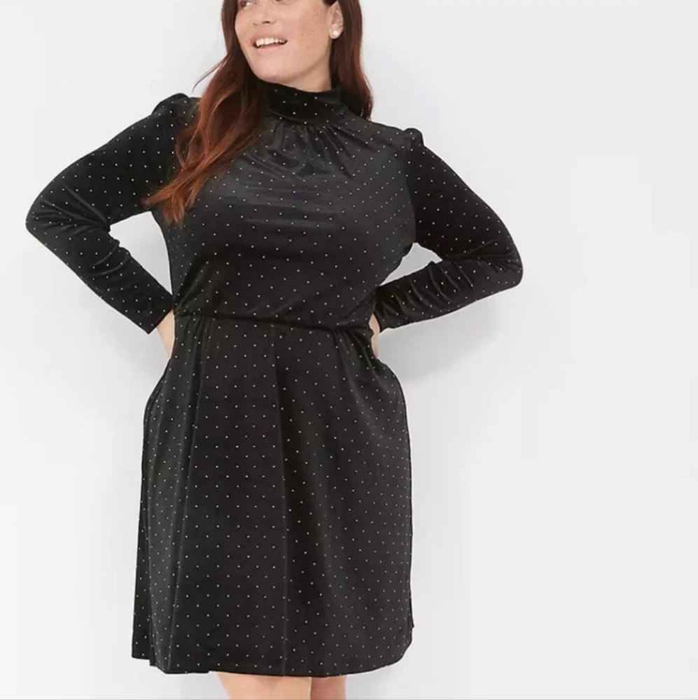 Lane Bryant Elegant Black Polka Dot Long Sleeve Dress